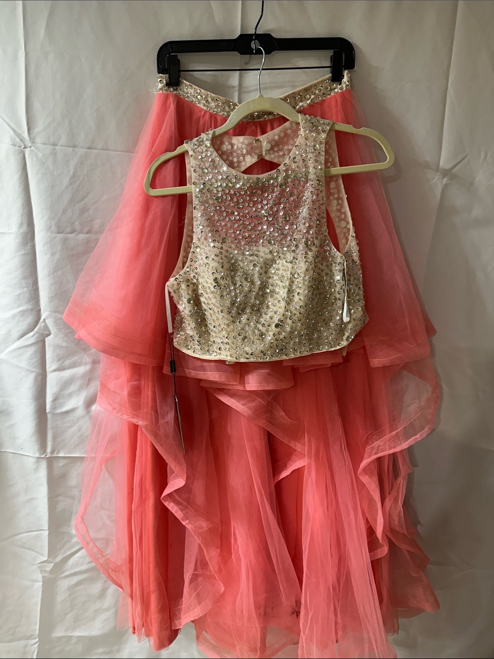 Girls Coral Tulle Dance Skirt with Gold Sequin Crop Top